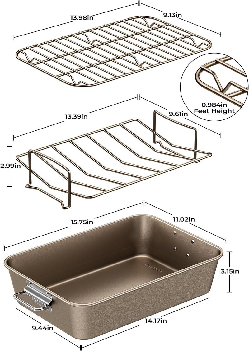 Armorbear Turkey Roasting Pan with Rack Non stick Carbon Steel Roaster 16x11 Inch, Dishwasher Safe, Deep Baking Broiler Pan for Oven Chicken, Bacon, Golden - Image 2